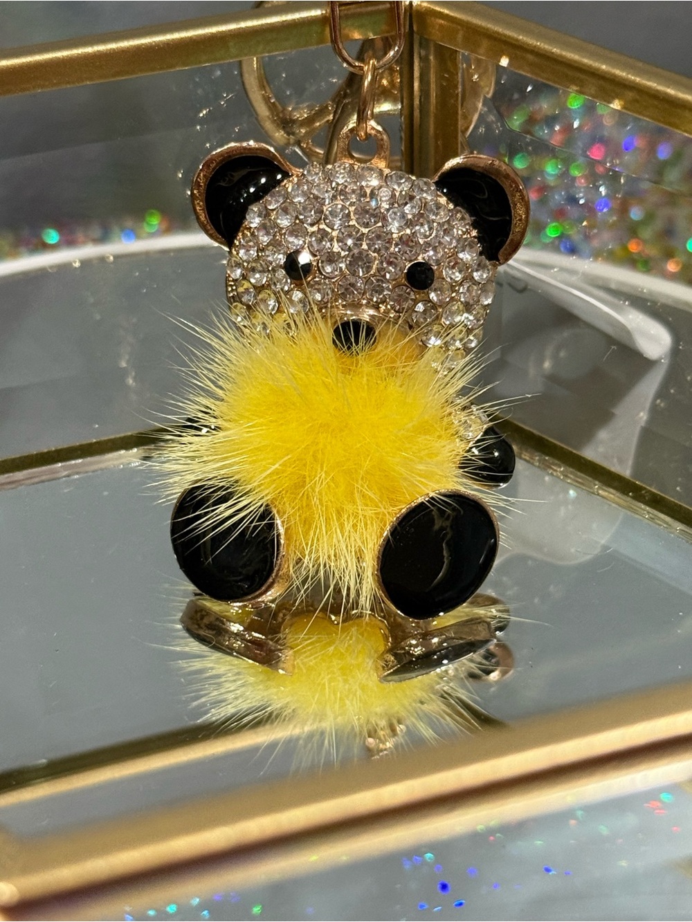 Bedazzled gold tone Bear Keychain with Yellow Pom - Picture 4 of 4
